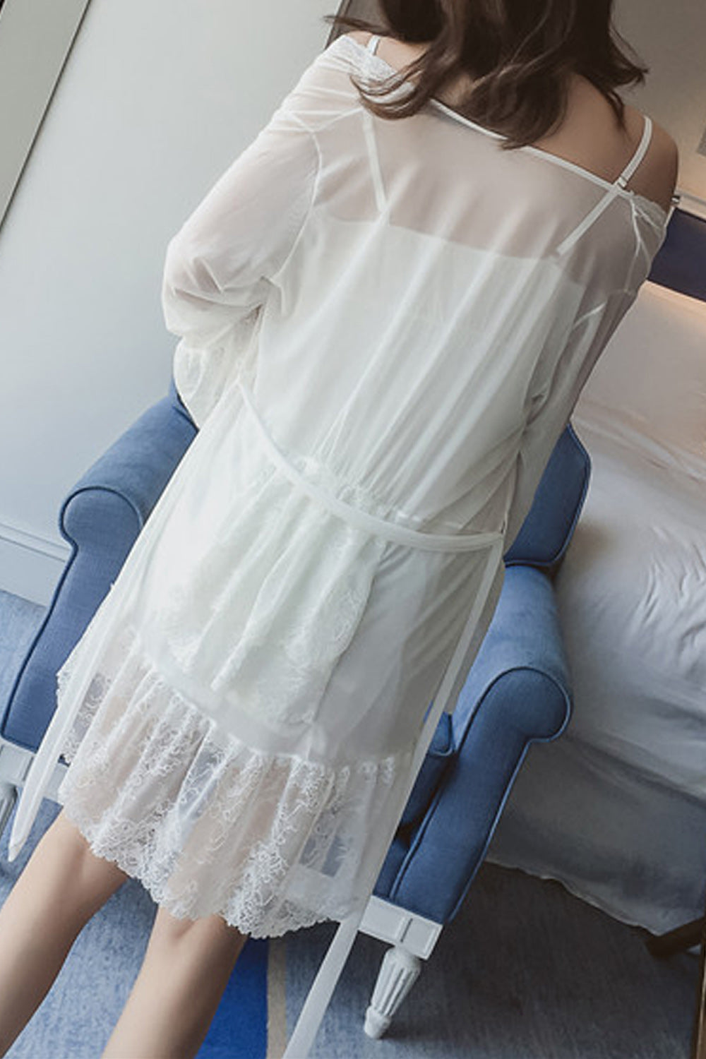 Women See Through Long Sleeve Deep V-Neck Delightful Solid Colored Summer Two-Piece Lingerie