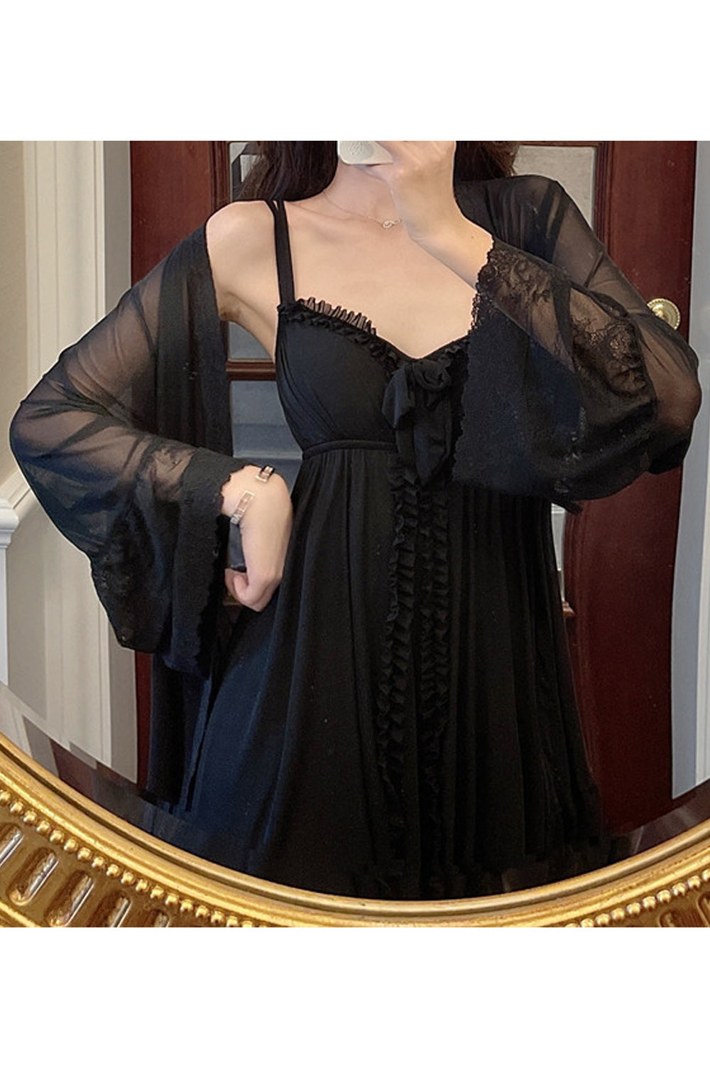 Women See Through Long Sleeve Deep V-Neck Delightful Solid Colored Summer Two-Piece Lingerie