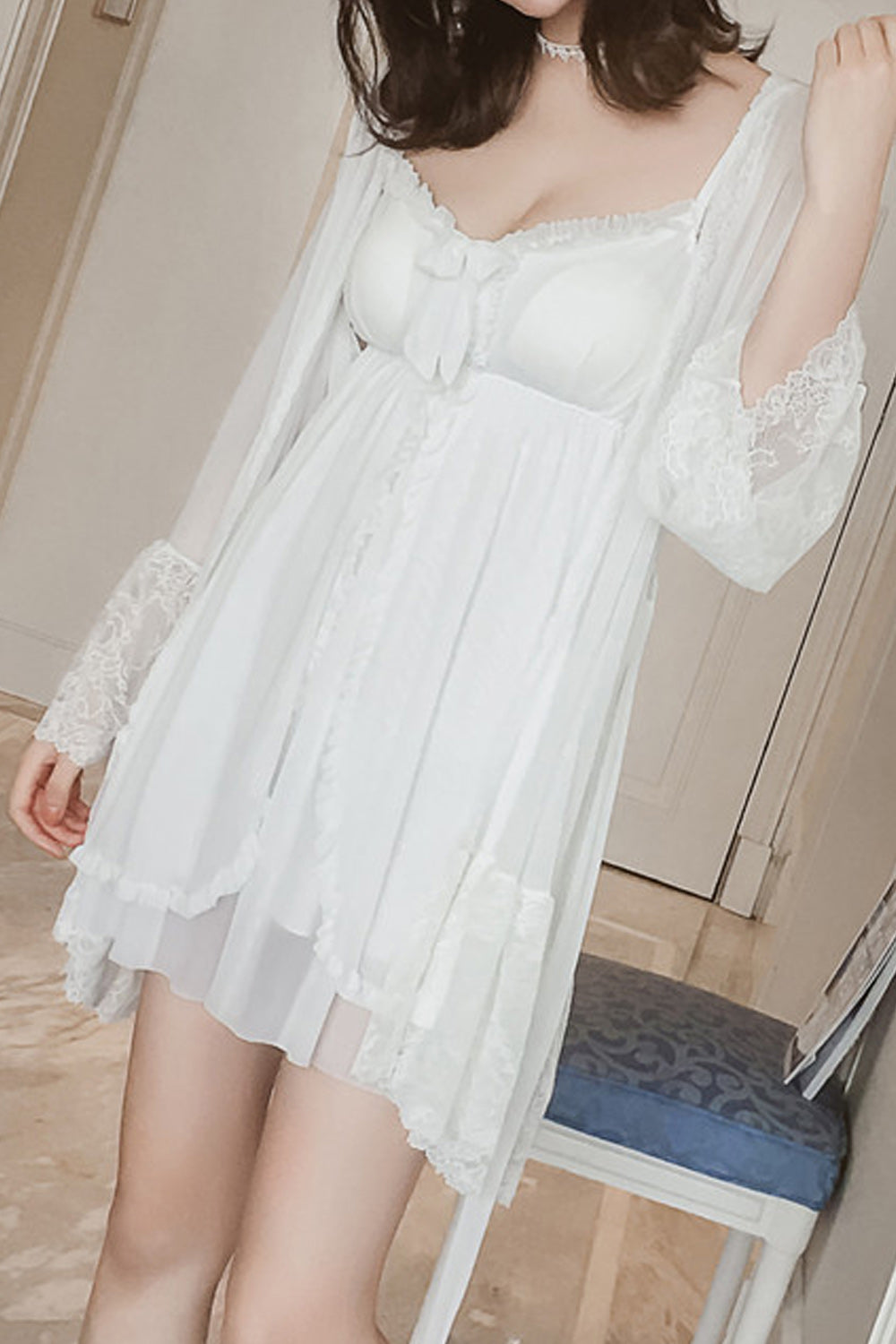 Women See Through Long Sleeve Deep V-Neck Delightful Solid Colored Summer Two-Piece Lingerie