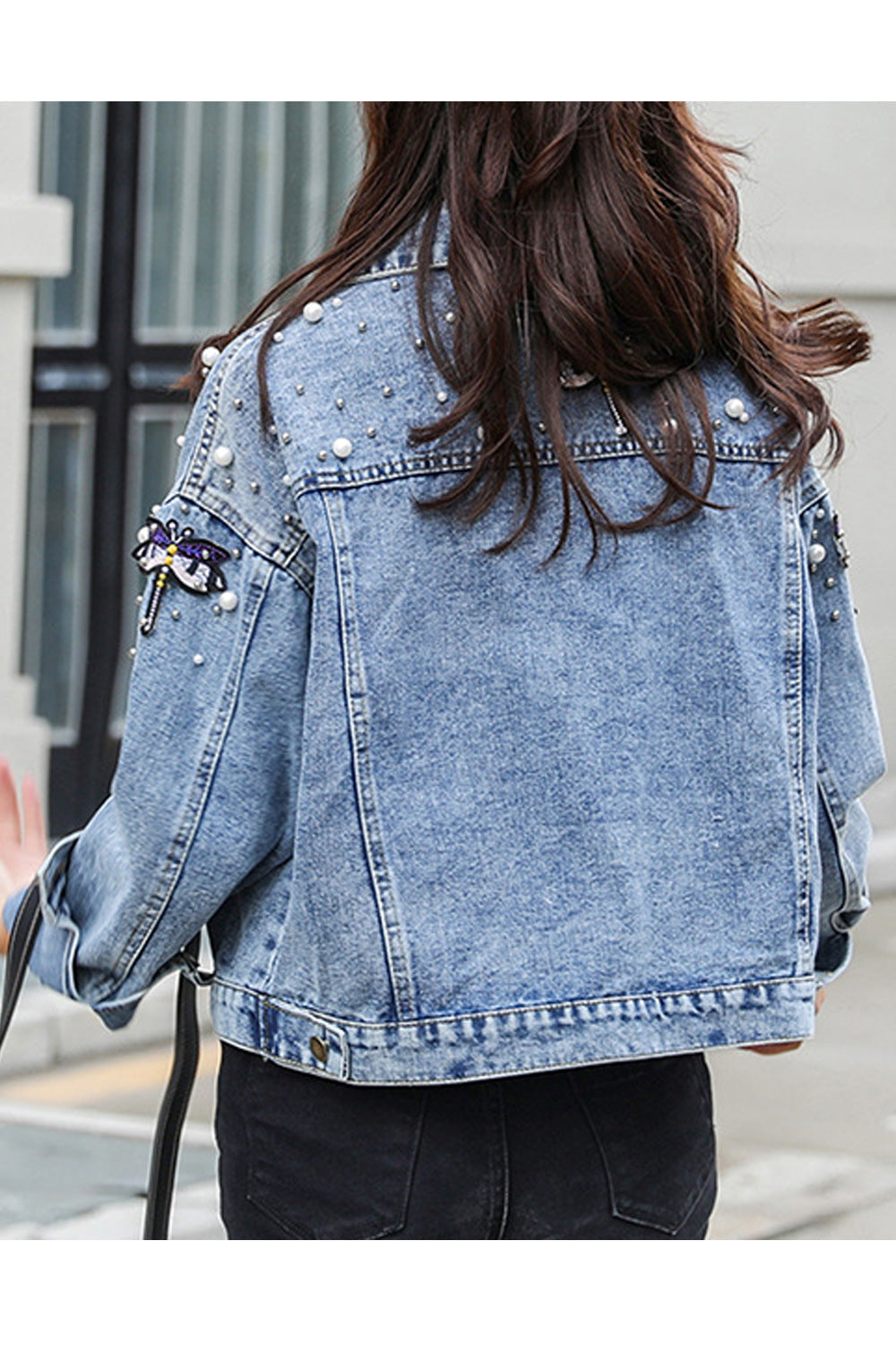 Women Beautiful Small Beads Attached Superb Long Sleeve Loose Casual Denim Jacket