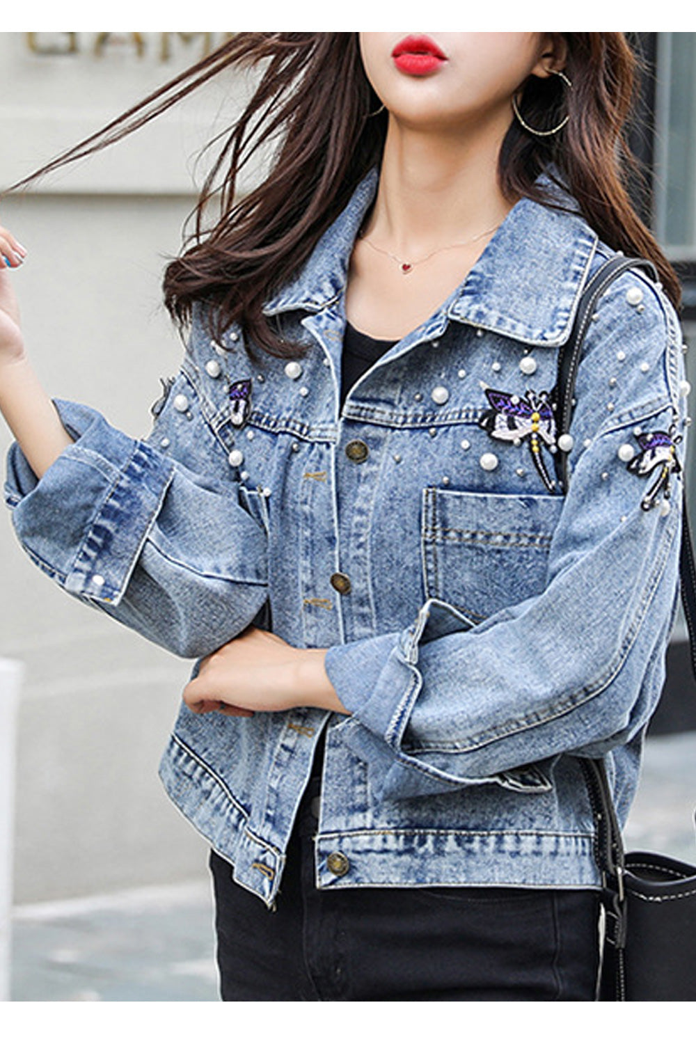 Women Beautiful Small Beads Attached Superb Long Sleeve Loose Casual Denim Jacket