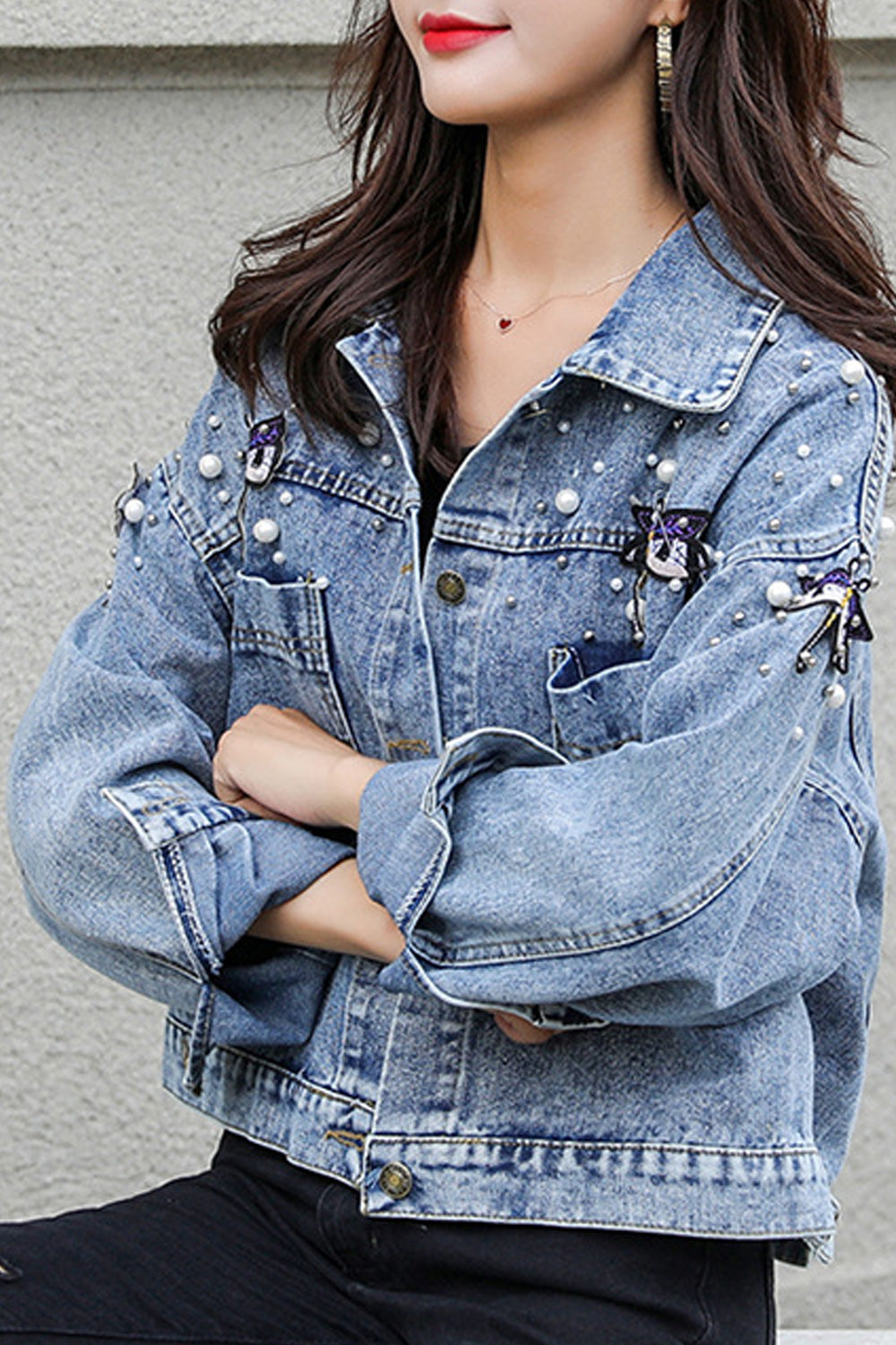 Women Beautiful Small Beads Attached Superb Long Sleeve Loose Casual Denim Jacket