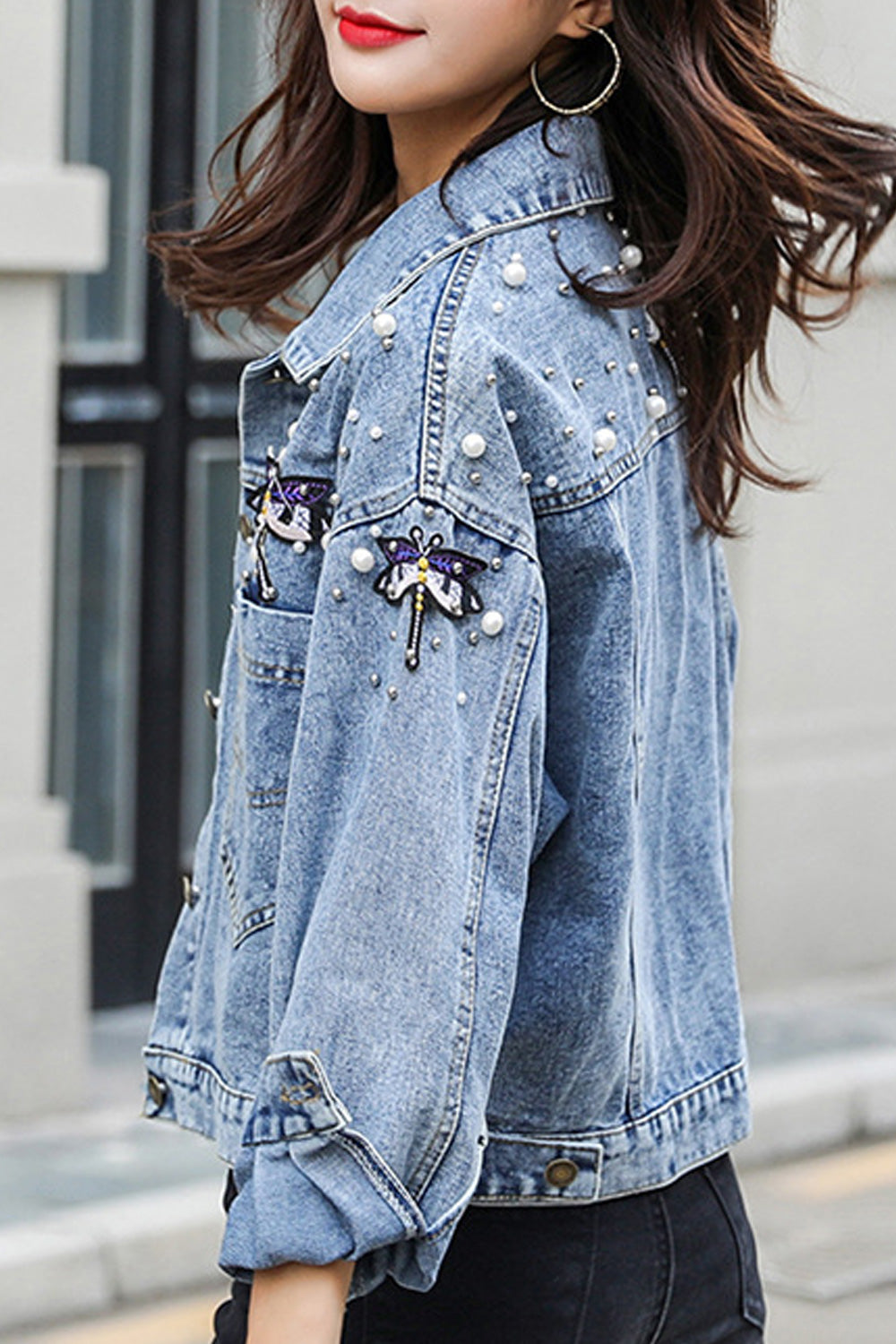 Women Beautiful Small Beads Attached Superb Long Sleeve Loose Casual Denim Jacket