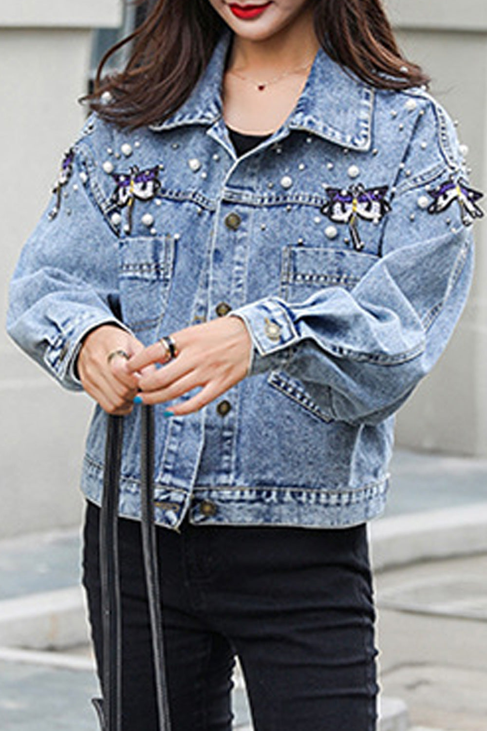 Women Beautiful Small Beads Attached Superb Long Sleeve Loose Casual Denim Jacket