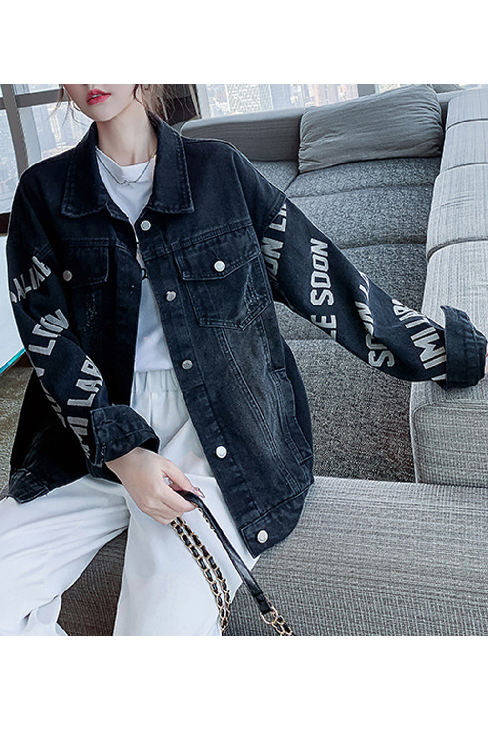 Women Letter Pattern Autumn Season Warm Long Sleeve Fabulous Collar Neck Denim Jacket