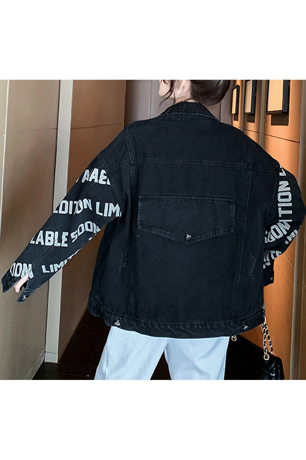 Women Letter Pattern Autumn Season Warm Long Sleeve Fabulous Collar Neck Denim Jacket