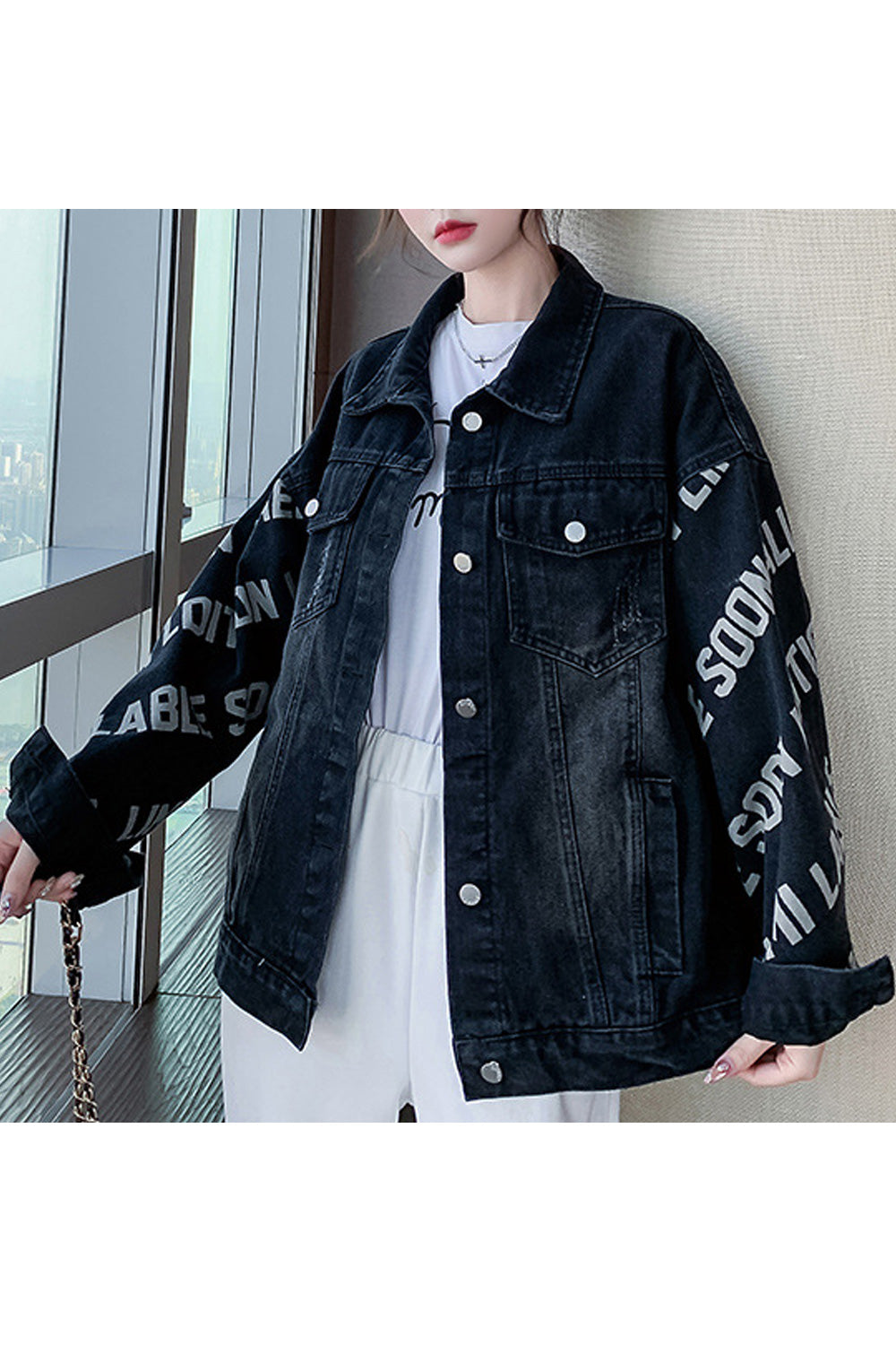 Women Letter Pattern Autumn Season Warm Long Sleeve Fabulous Collar Neck Denim Jacket