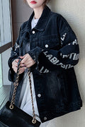 Women Letter Pattern Autumn Season Warm Long Sleeve Fabulous Collar Neck Denim Jacket