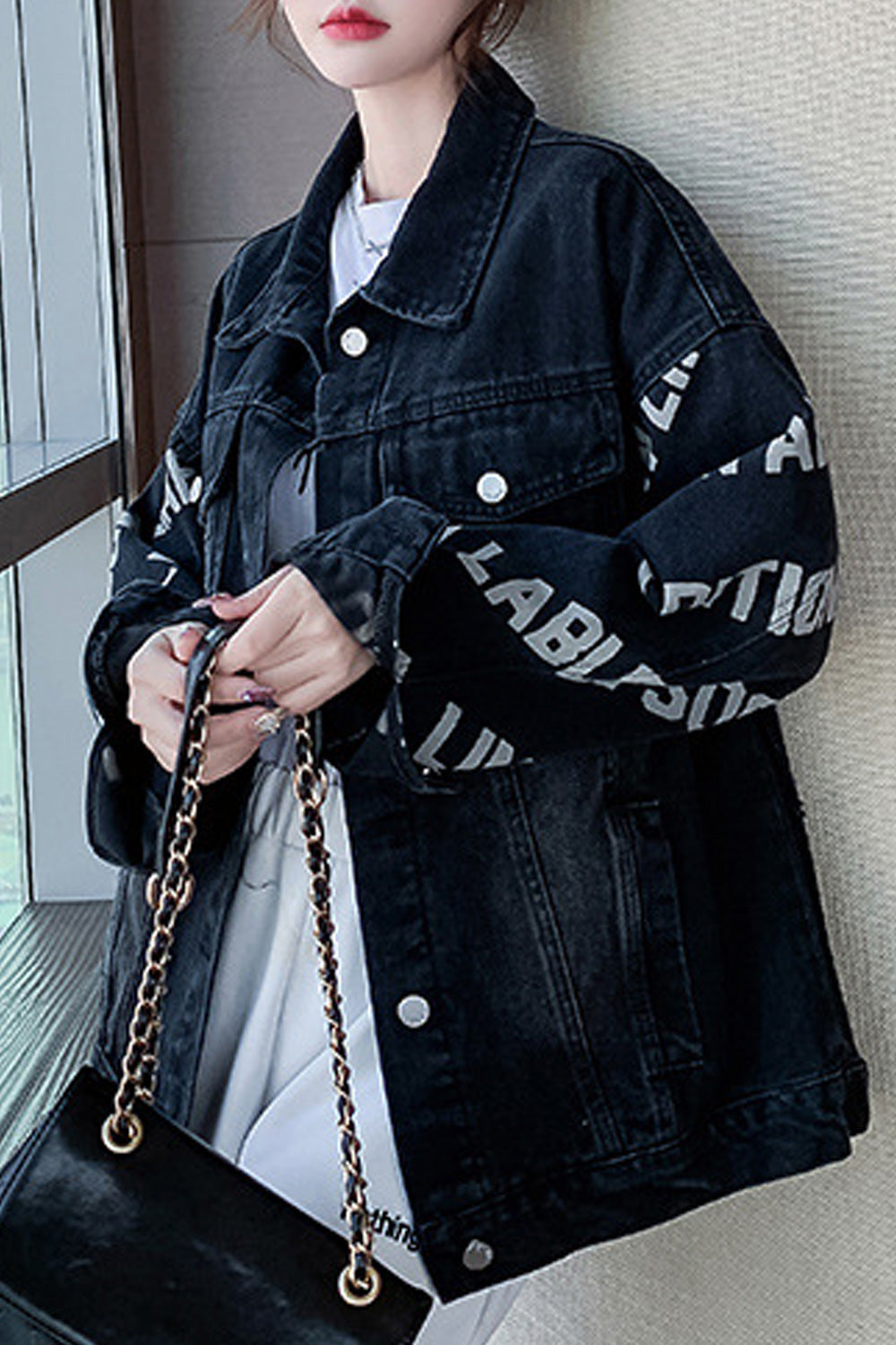 Women Letter Pattern Autumn Season Warm Long Sleeve Fabulous Collar Neck Denim Jacket