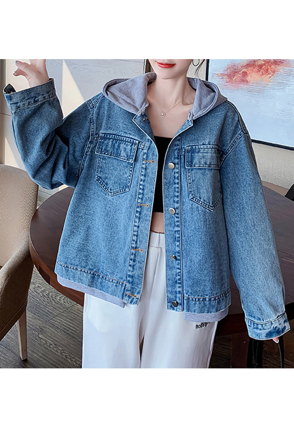 Women Loose Hood Neck Long Sleeve Wonderful Modish Cozy Lightweight Denim Jacket