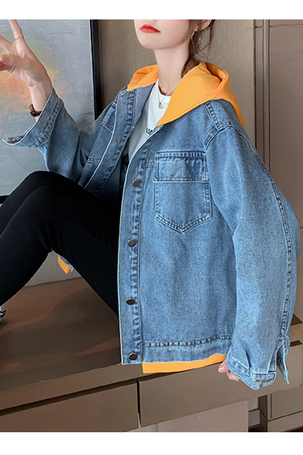 Women Loose Hood Neck Long Sleeve Wonderful Modish Cozy Lightweight Denim Jacket