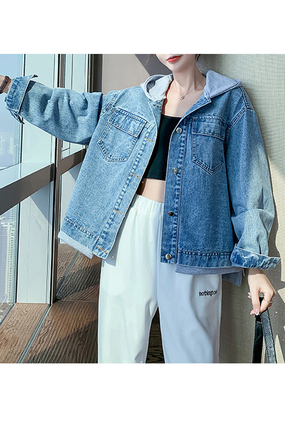 Women Loose Hood Neck Long Sleeve Wonderful Modish Cozy Lightweight Denim Jacket