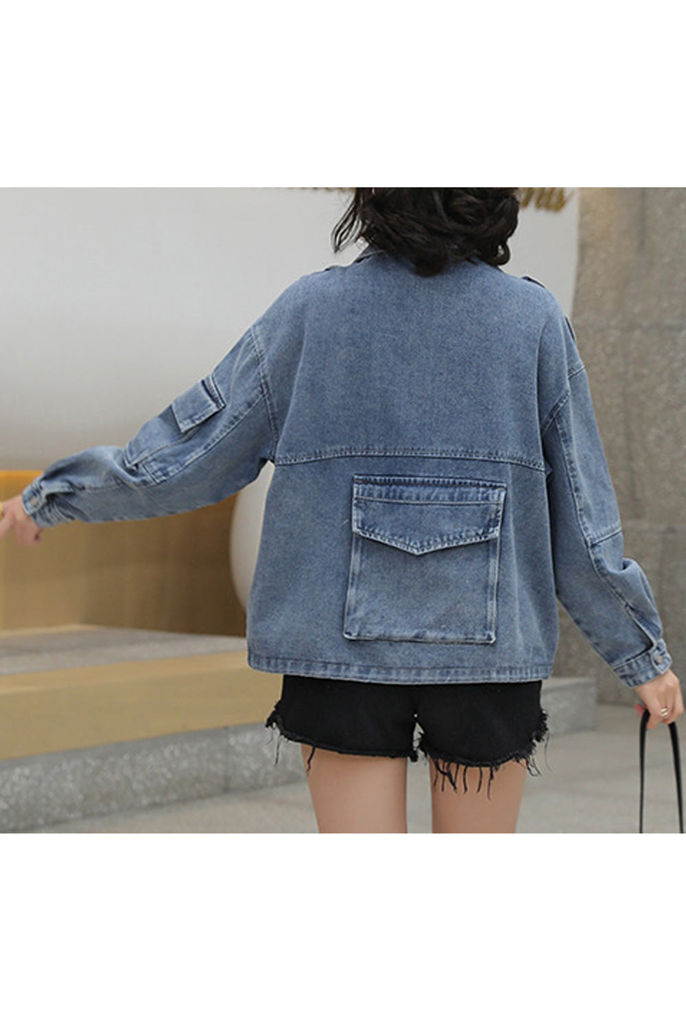 Women Flap Pockets Long Sleeve Breathable Tremendous Collar Neck Awesome Denim Jacket