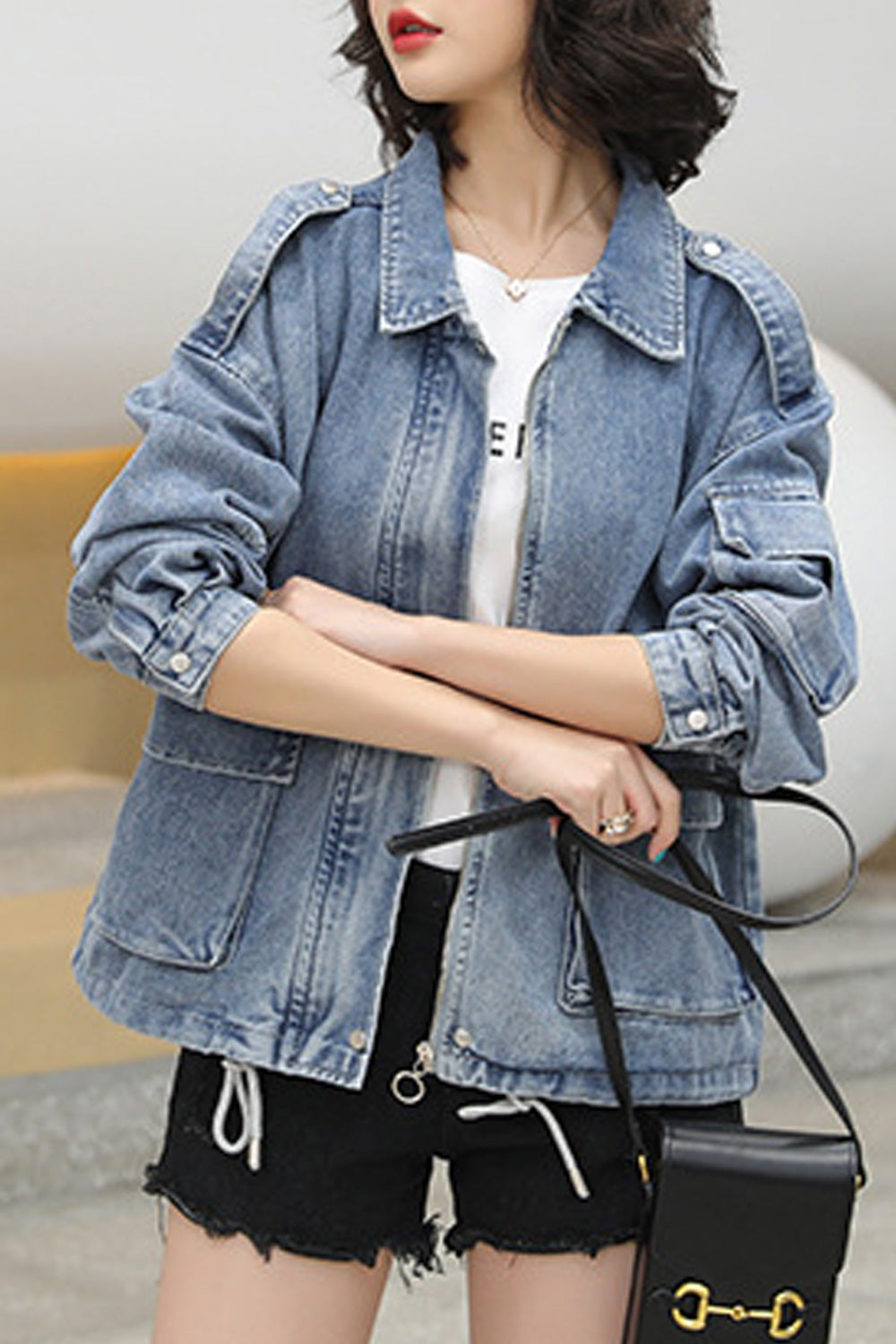 Women Flap Pockets Long Sleeve Breathable Tremendous Collar Neck Awesome Denim Jacket