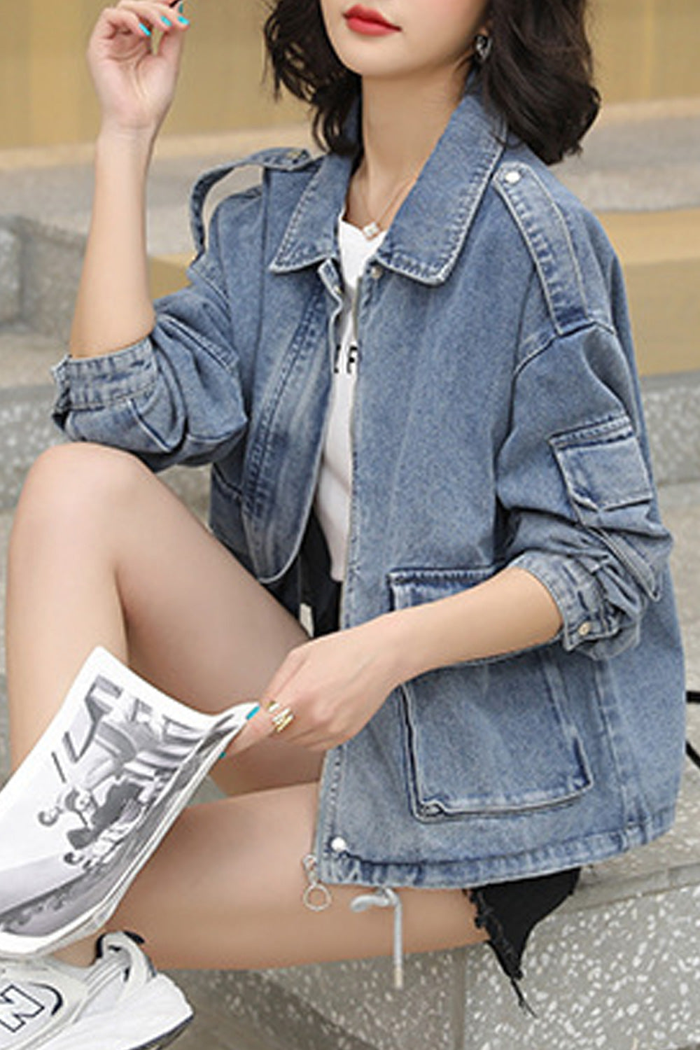 Women Flap Pockets Long Sleeve Breathable Tremendous Collar Neck Awesome Denim Jacket