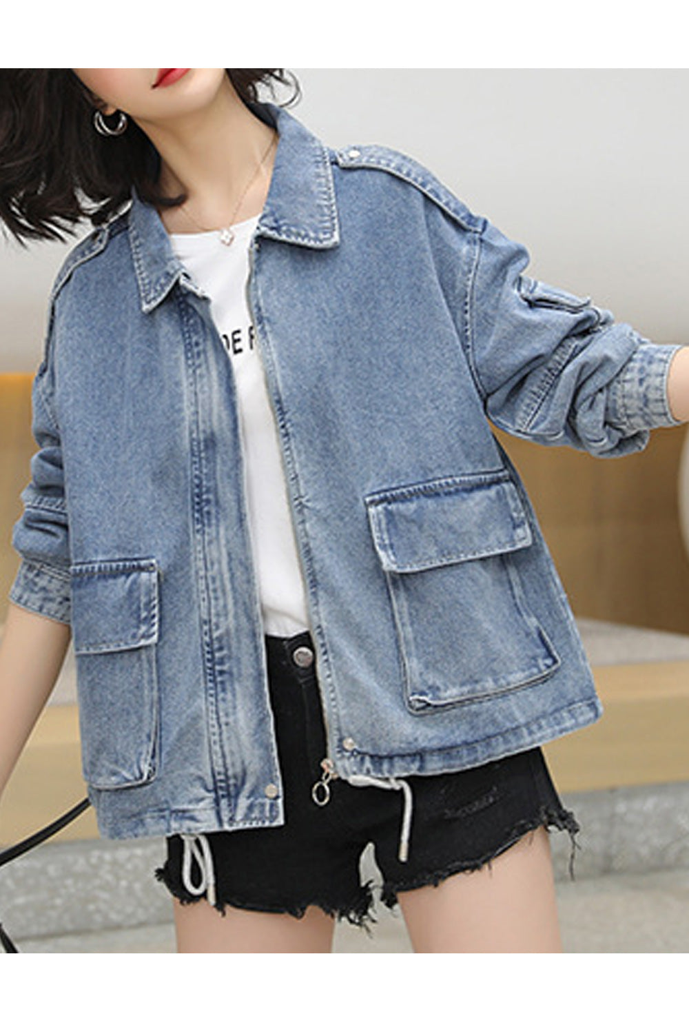 Women Flap Pockets Long Sleeve Breathable Tremendous Collar Neck Awesome Denim Jacket