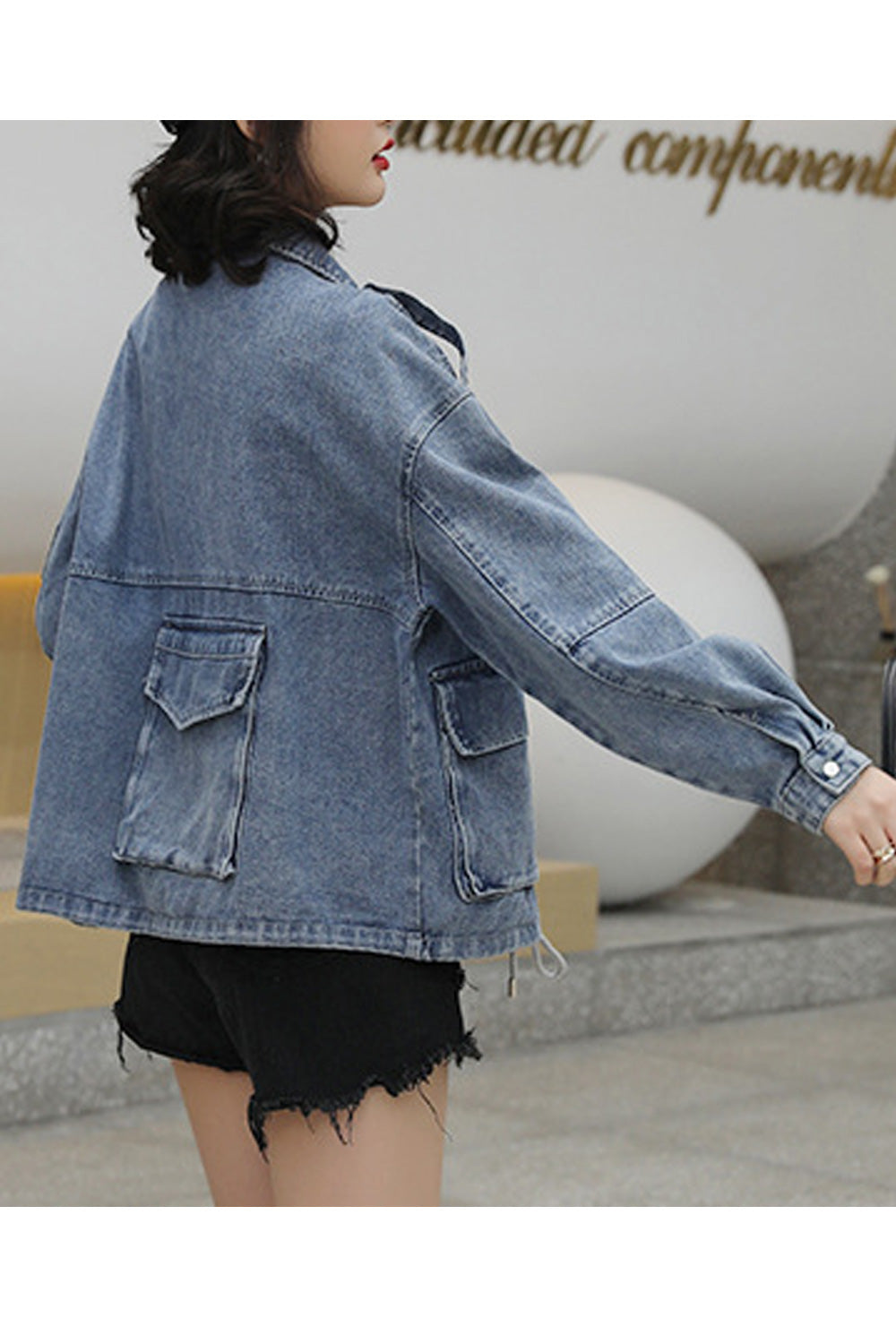 Women Flap Pockets Long Sleeve Breathable Tremendous Collar Neck Awesome Denim Jacket