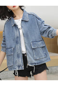 Women Flap Pockets Long Sleeve Breathable Tremendous Collar Neck Awesome Denim Jacket