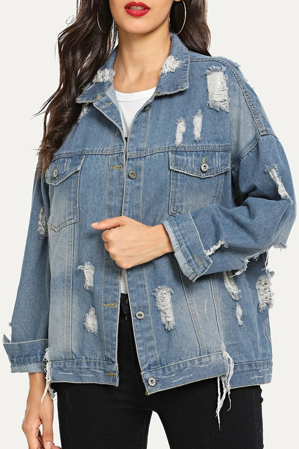 Women Fashionable Printed Style Modern Ripped Style Long Sleeve Magnificent Denim Jacket