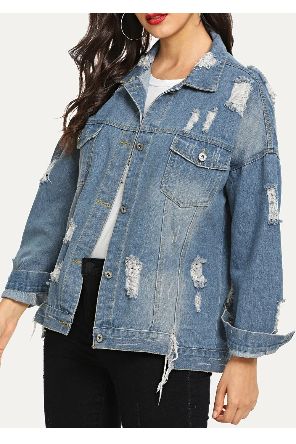 Women Fashionable Printed Style Modern Ripped Style Long Sleeve Magnificent Denim Jacket