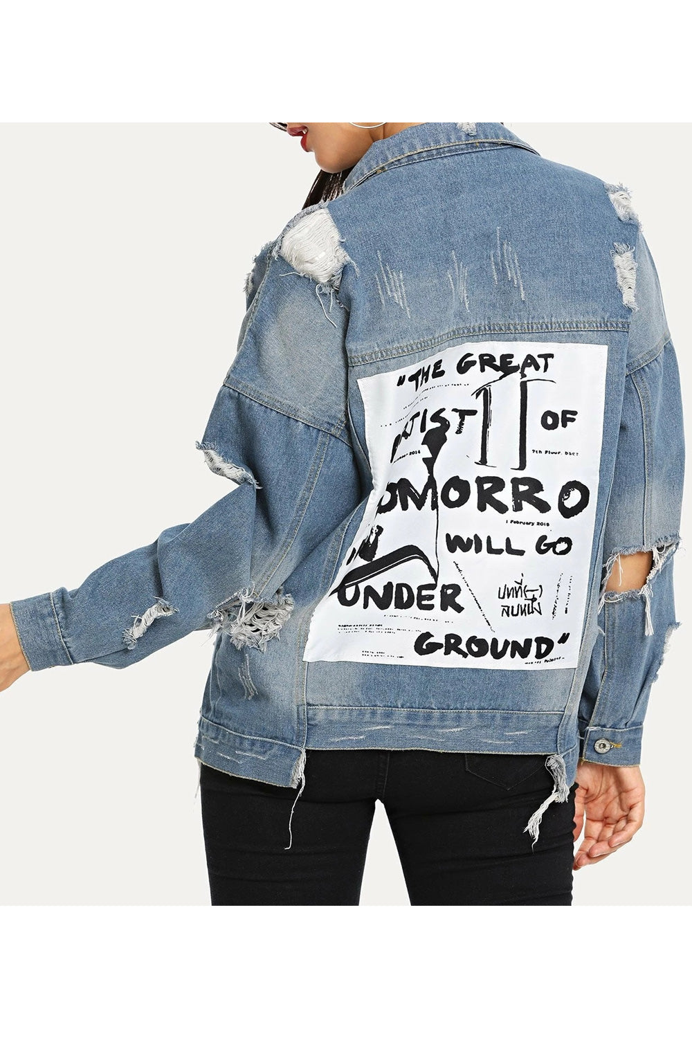 Women Fashionable Printed Style Modern Ripped Style Long Sleeve Magnificent Denim Jacket
