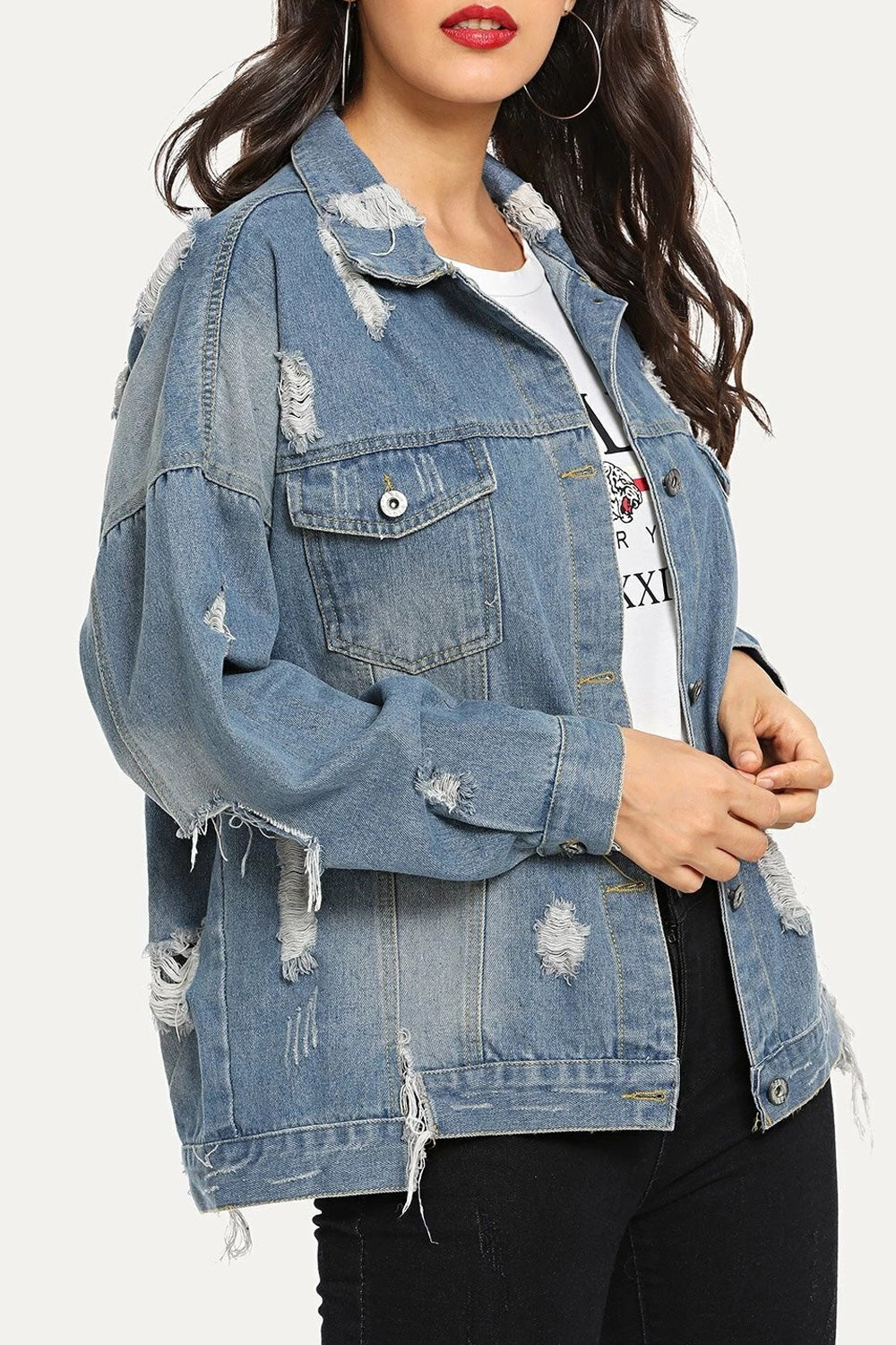 Women Fashionable Printed Style Modern Ripped Style Long Sleeve Magnificent Denim Jacket