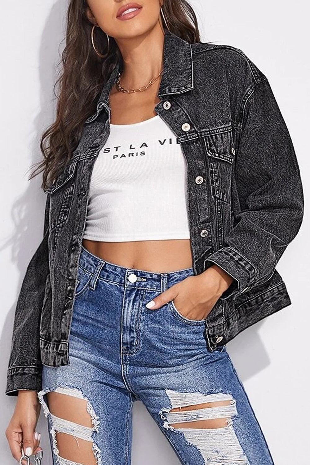 Women Superb Button Down Long Sleeve Fantastic Solid Pattern Outstanding Denim Jacket
