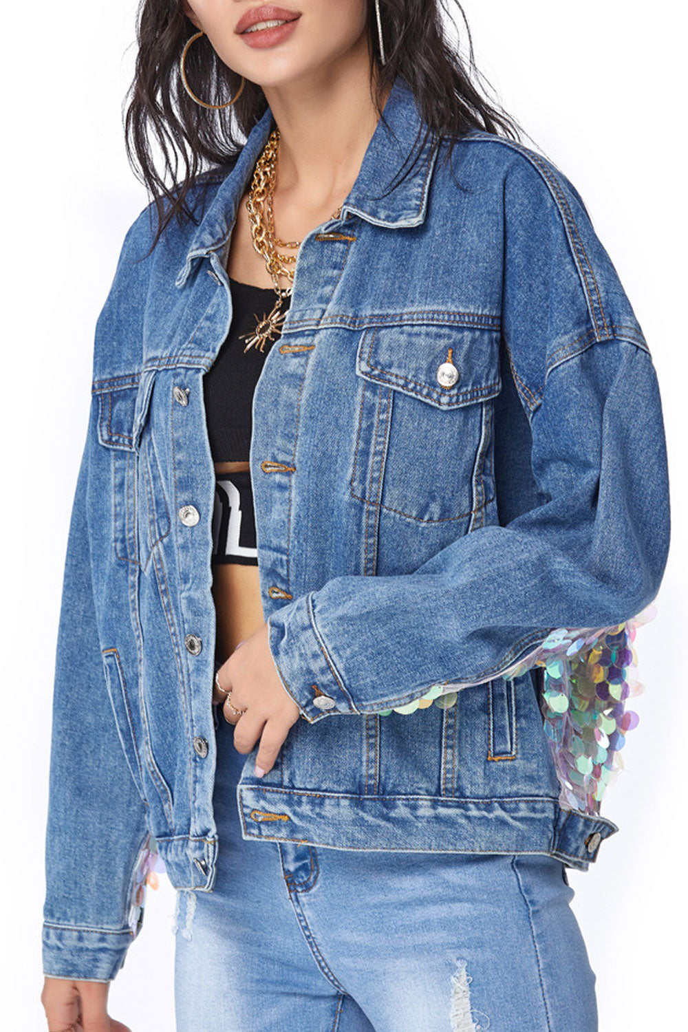 Women Sequins Decorated Long Sleeve Modern Collar Neck Wind Breaker Denim Jacket