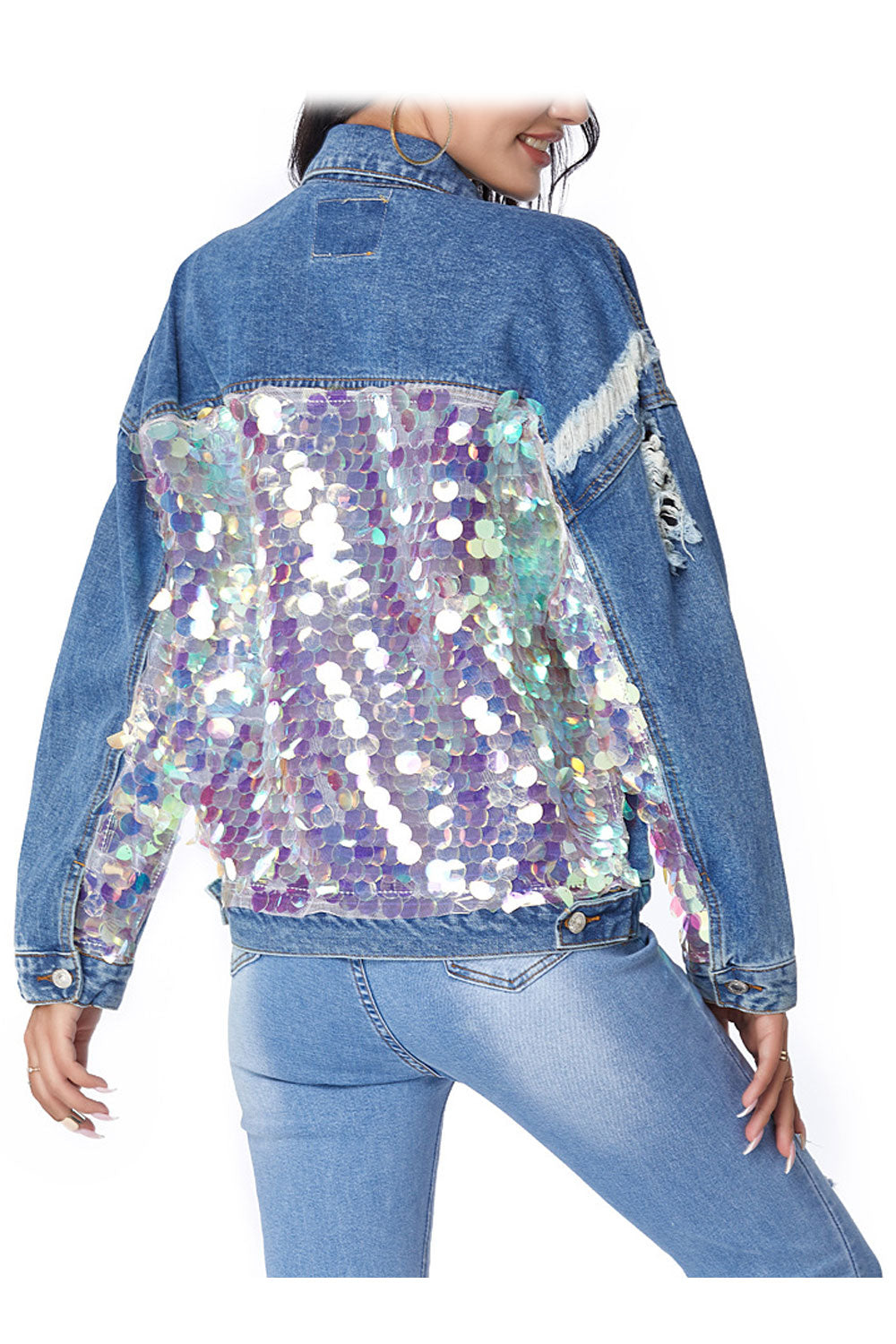 Women Sequins Decorated Long Sleeve Modern Collar Neck Wind Breaker Denim Jacket