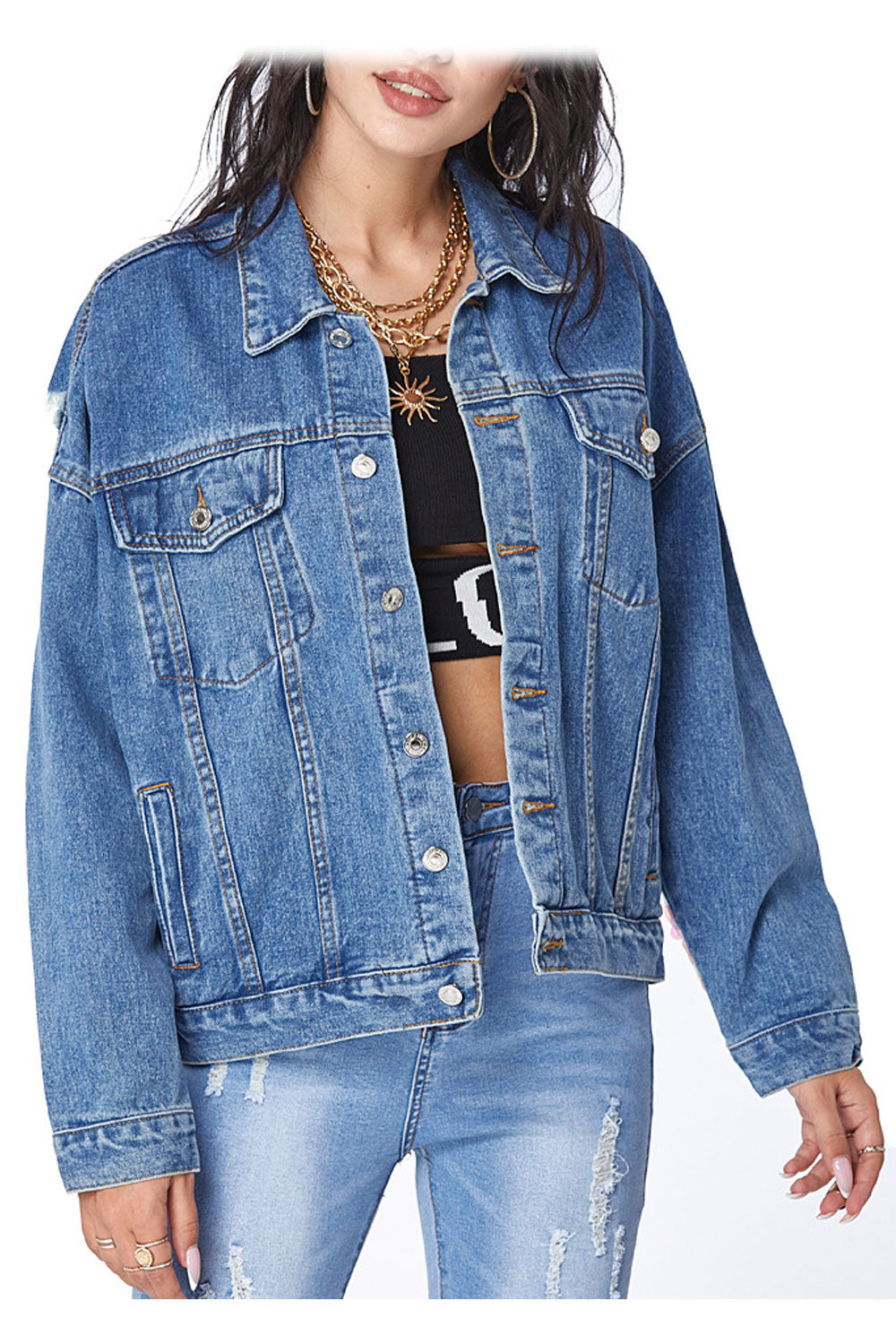 Women Sequins Decorated Long Sleeve Modern Collar Neck Wind Breaker Denim Jacket
