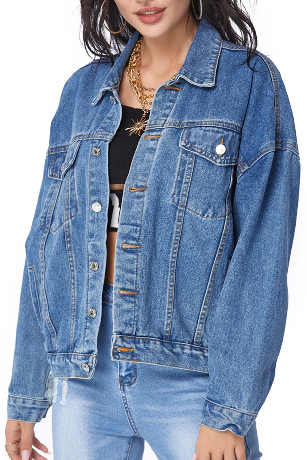 Women Sequins Decorated Long Sleeve Modern Collar Neck Wind Breaker Denim Jacket