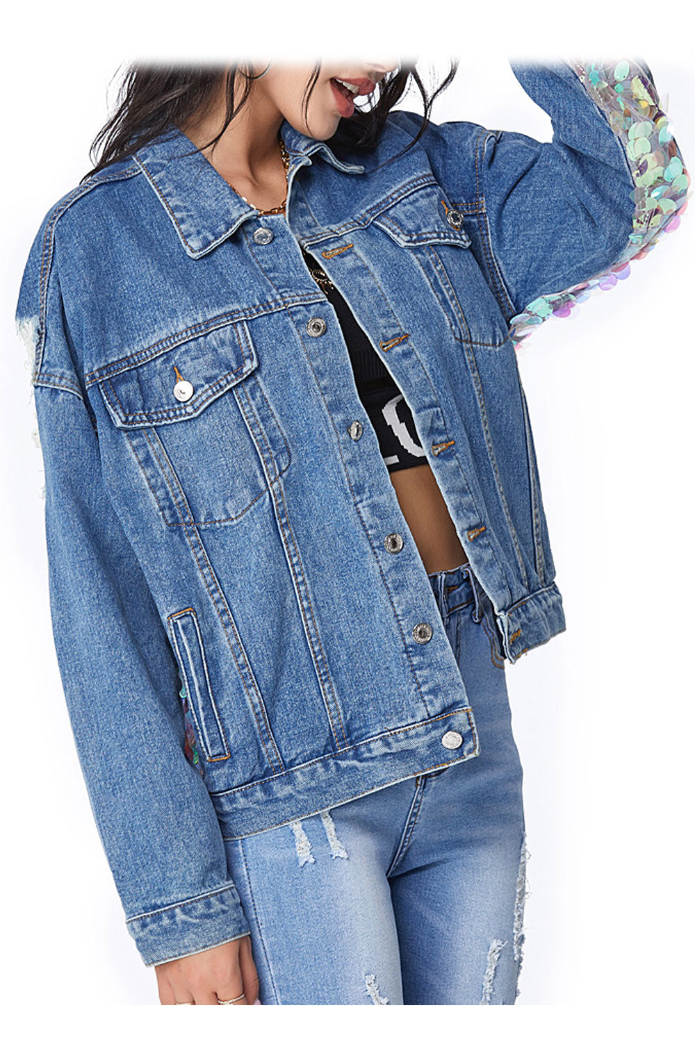 Women Sequins Decorated Long Sleeve Modern Collar Neck Wind Breaker Denim Jacket