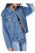 Women Sequins Decorated Long Sleeve Modern Collar Neck Wind Breaker Denim Jacket