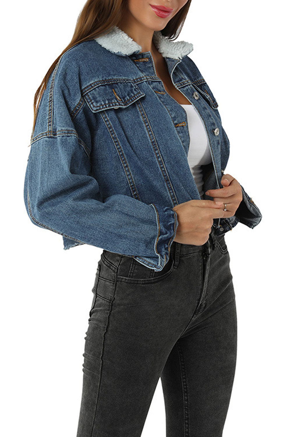 Women Fluffy Collar Neck Loose Long Sleeve Short Length Comfy Denim Jacket