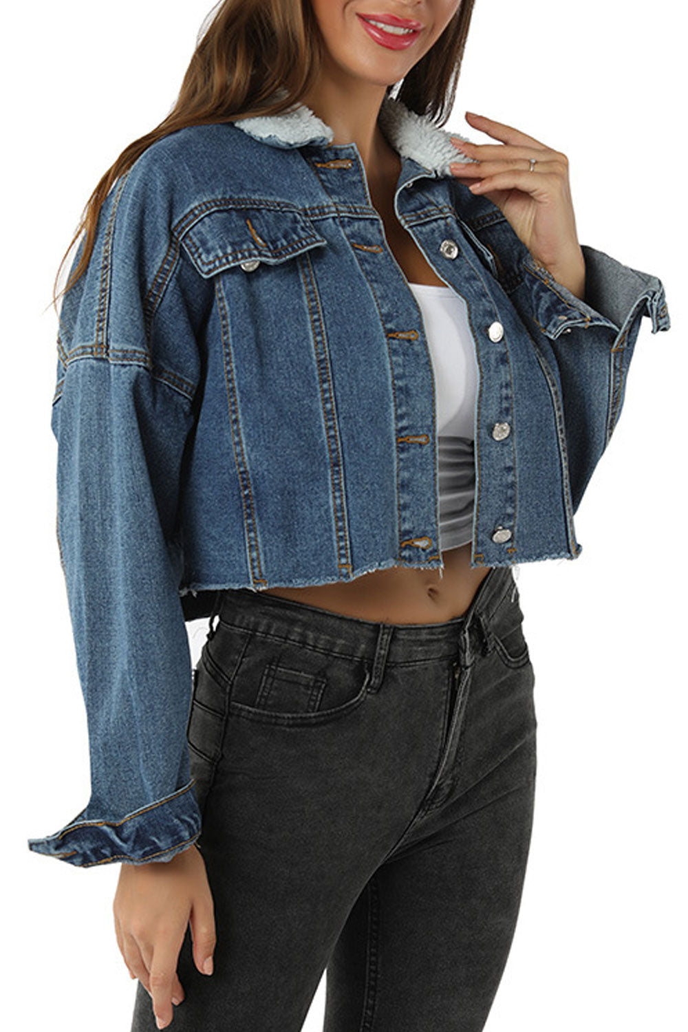 Women Fluffy Collar Neck Loose Long Sleeve Short Length Comfy Denim Jacket