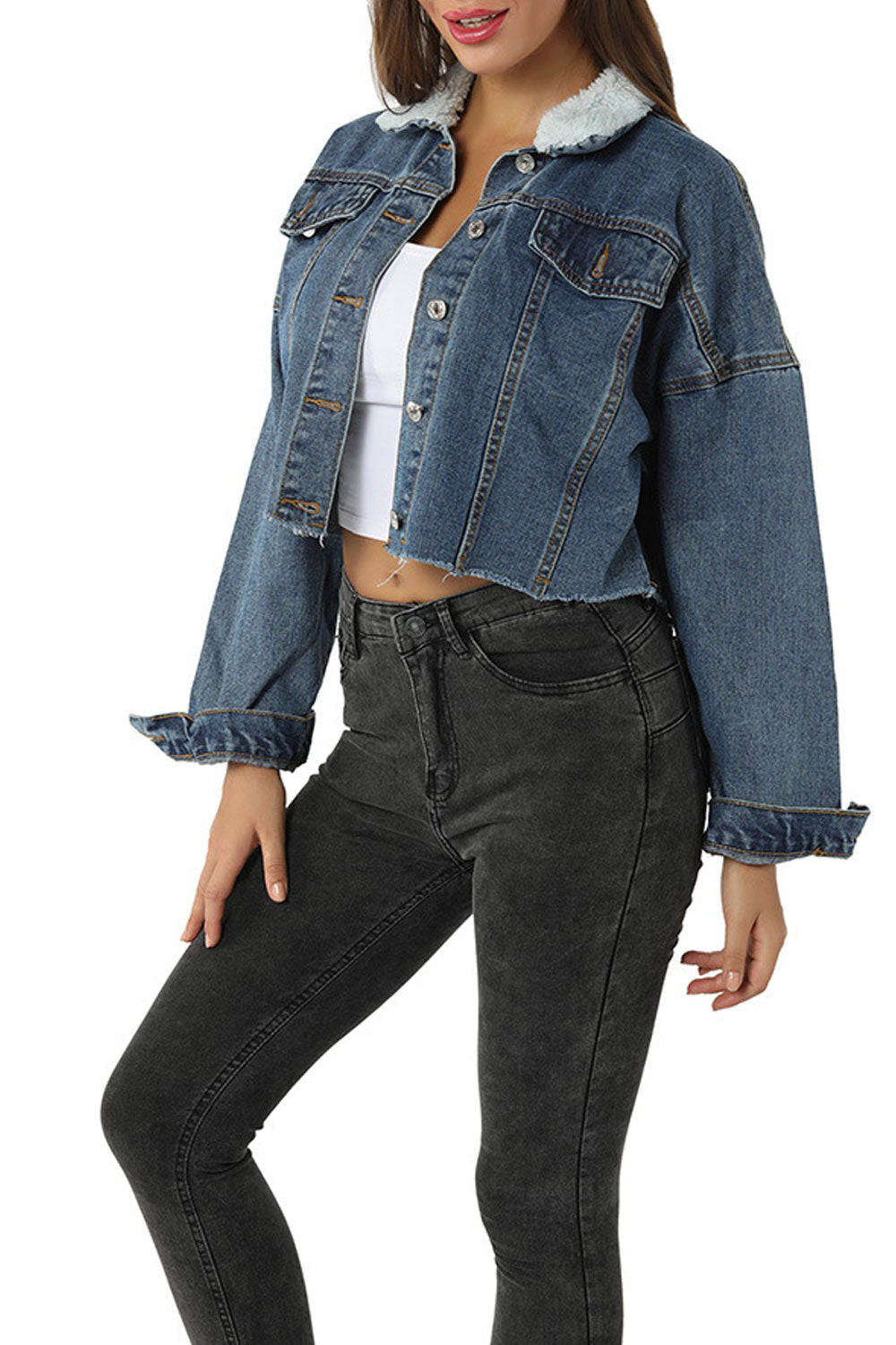 Women Fluffy Collar Neck Loose Long Sleeve Short Length Comfy Denim Jacket