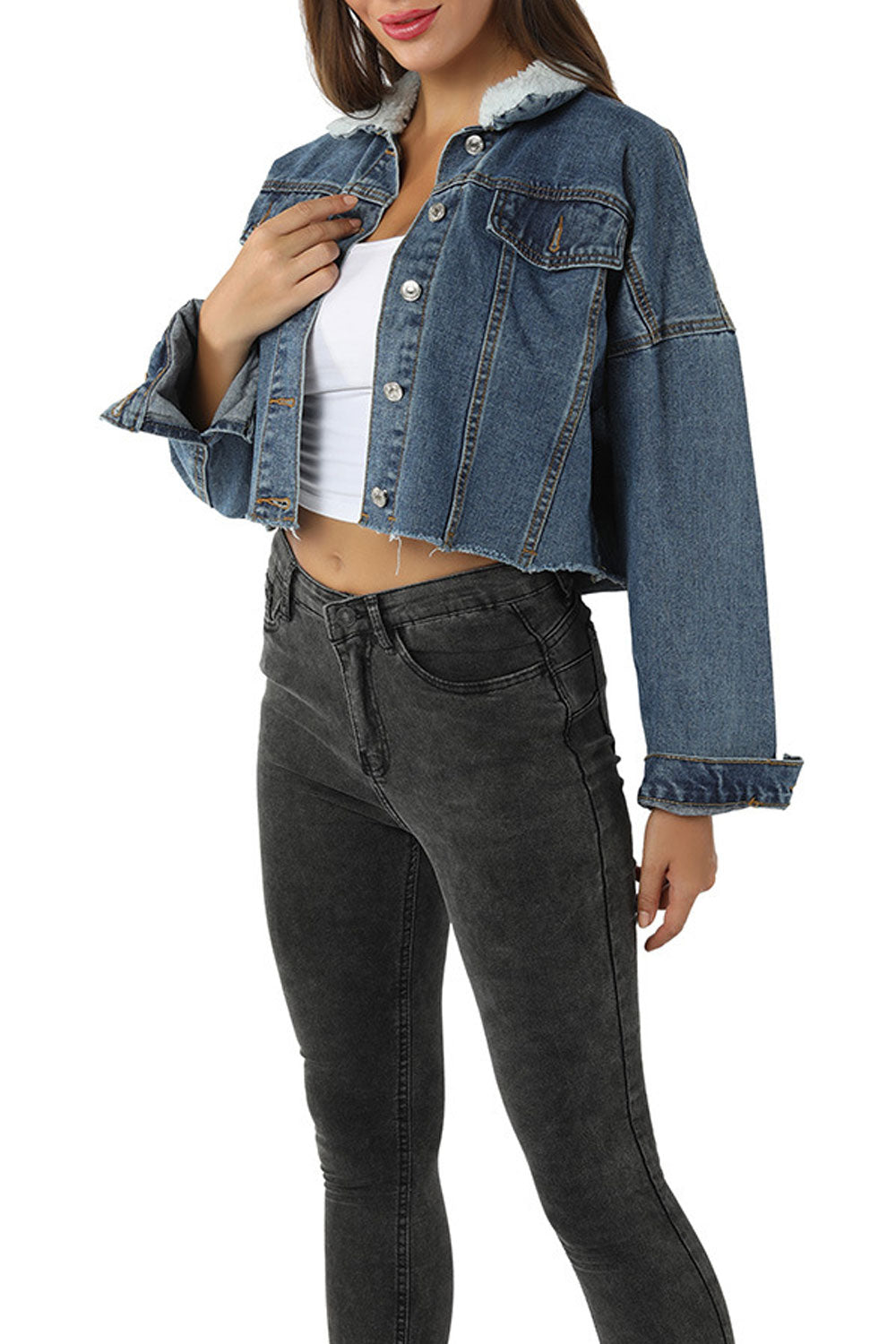 Women Fluffy Collar Neck Loose Long Sleeve Short Length Comfy Denim Jacket