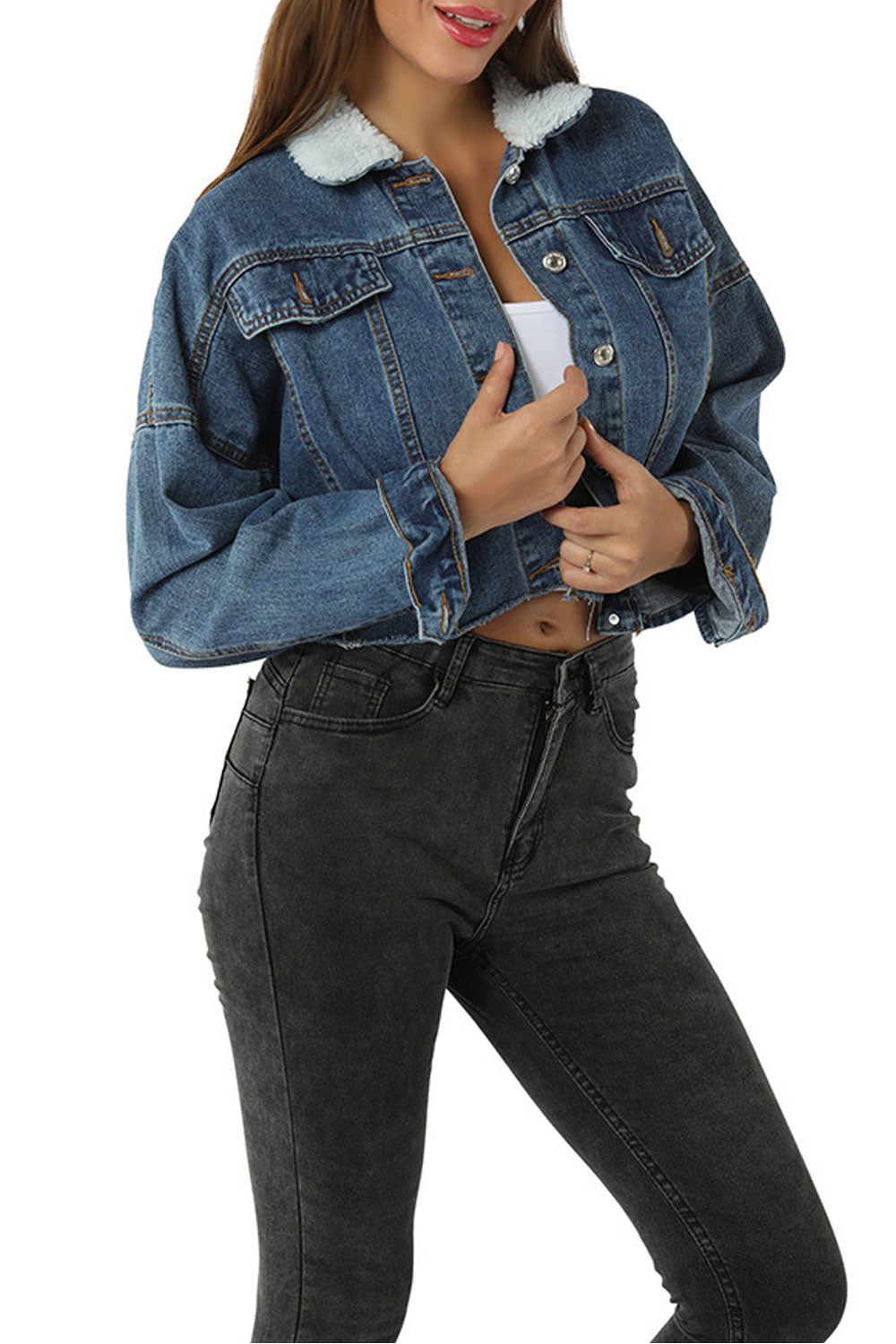 Women Fluffy Collar Neck Loose Long Sleeve Short Length Comfy Denim Jacket