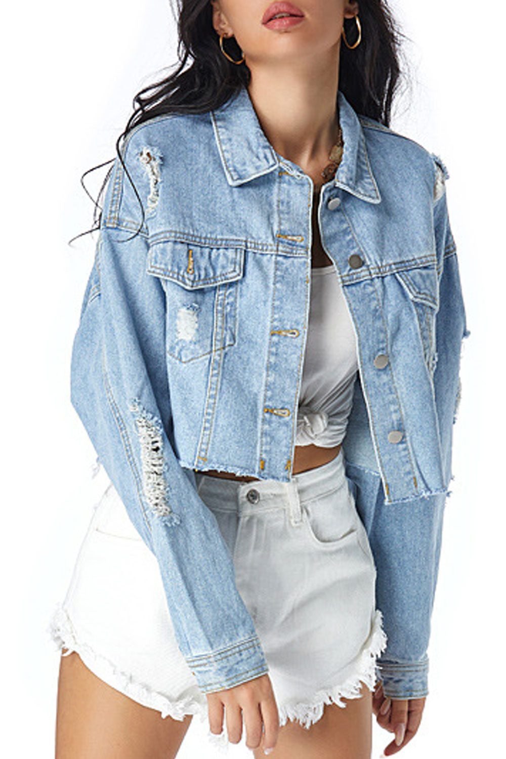 Women Long Sleeve Fashionable Solid Colored Splendid Denim Jacket