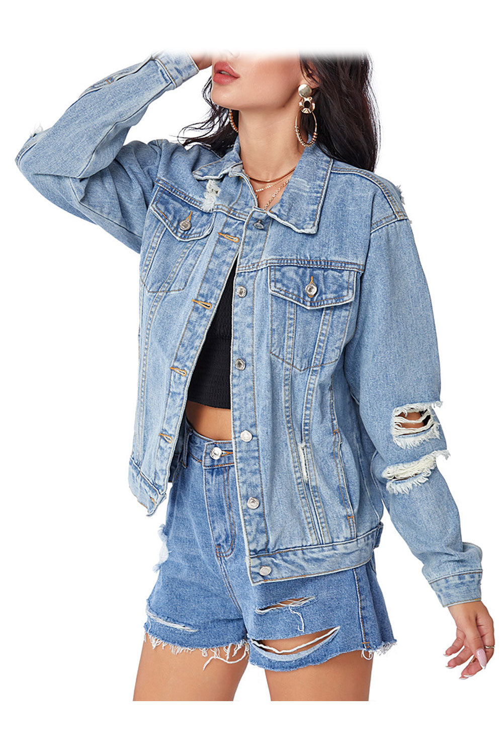 Women Stylish Solid Colored Button Down Long Sleeve Mid Length Denim Jacket