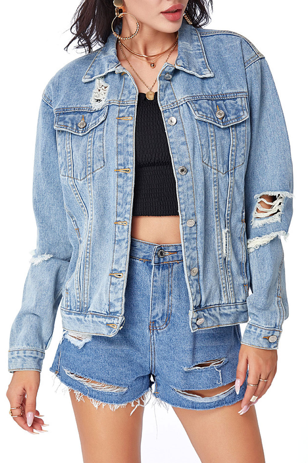Women Stylish Solid Colored Button Down Long Sleeve Mid Length Denim Jacket