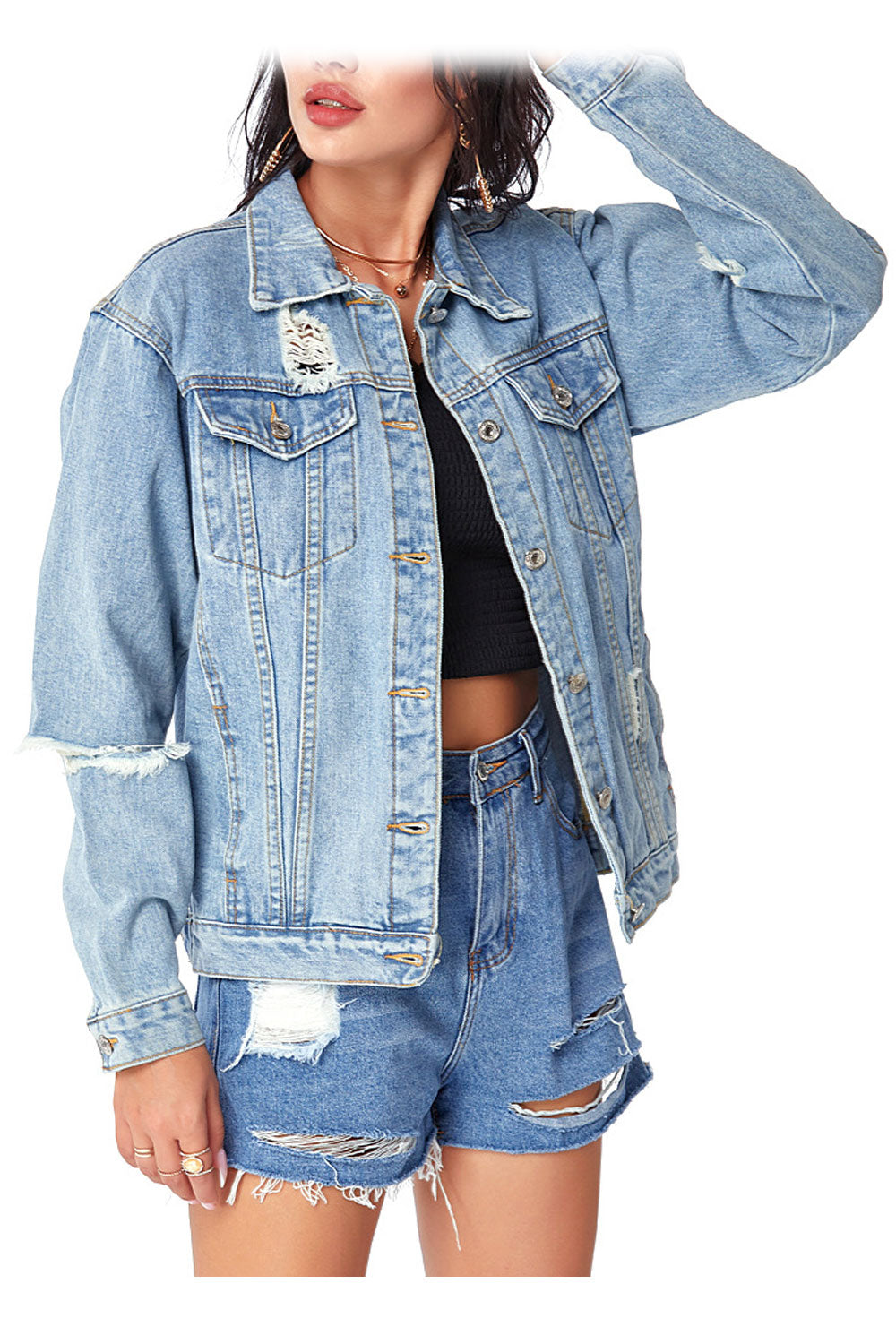 Women Stylish Solid Colored Button Down Long Sleeve Mid Length Denim Jacket