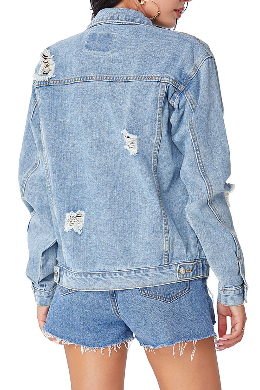 Women Stylish Solid Colored Button Down Long Sleeve Mid Length Denim Jacket