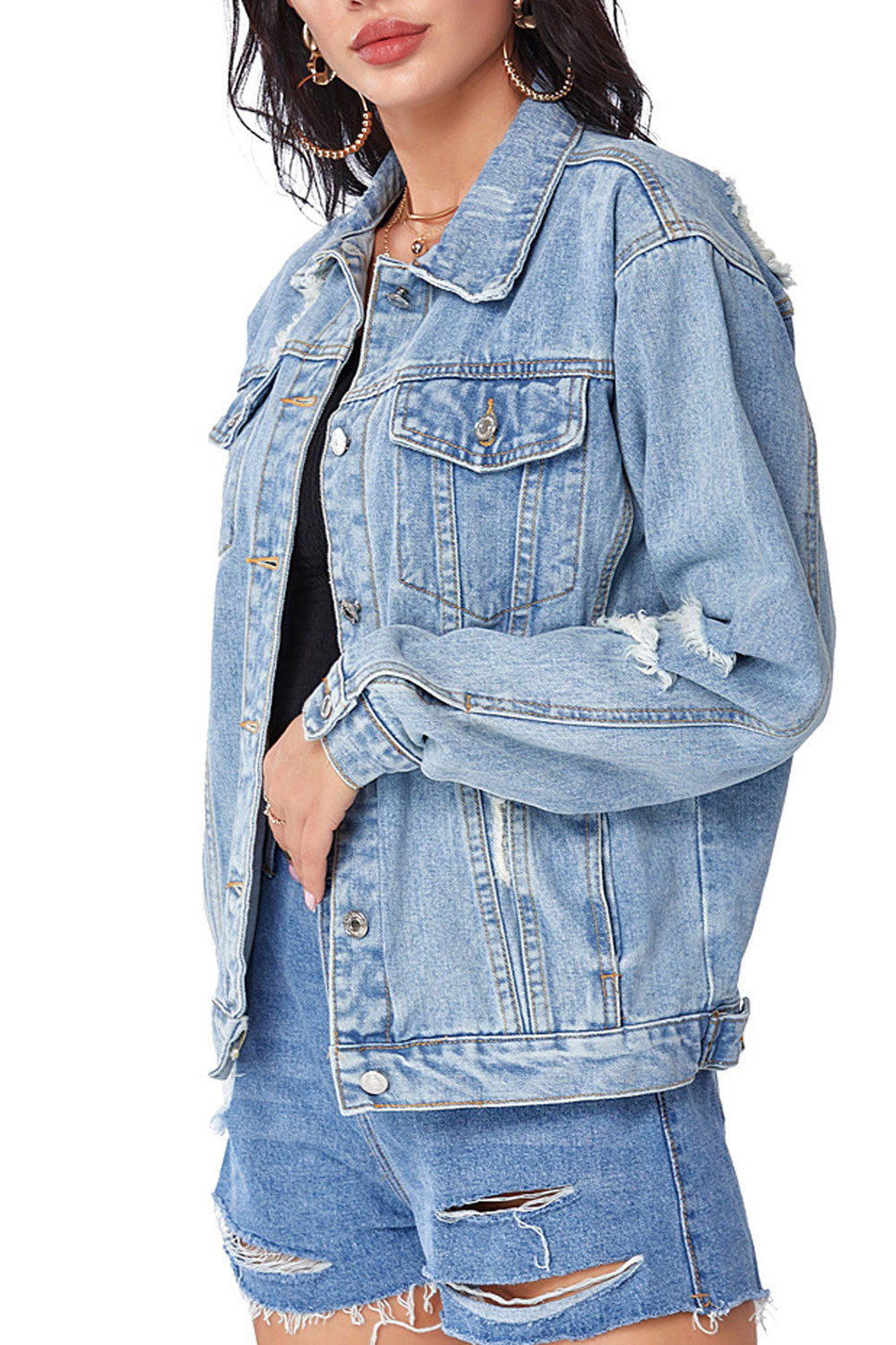 Women Stylish Solid Colored Button Down Long Sleeve Mid Length Denim Jacket