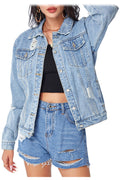 Women Stylish Solid Colored Button Down Long Sleeve Mid Length Denim Jacket