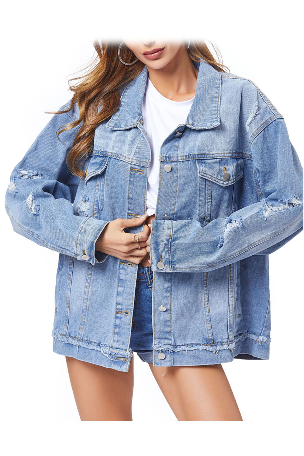 Women Loose Ripped Style Long Sleeve Winter Casual Classy Wind Breaker Denim Jacket