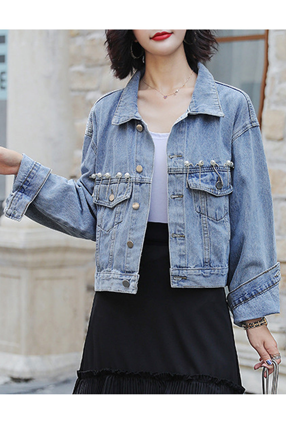 Women Elegant Loose Style Long Sleeve Trendy Collar Neck Pocket Styled Denim Jacket