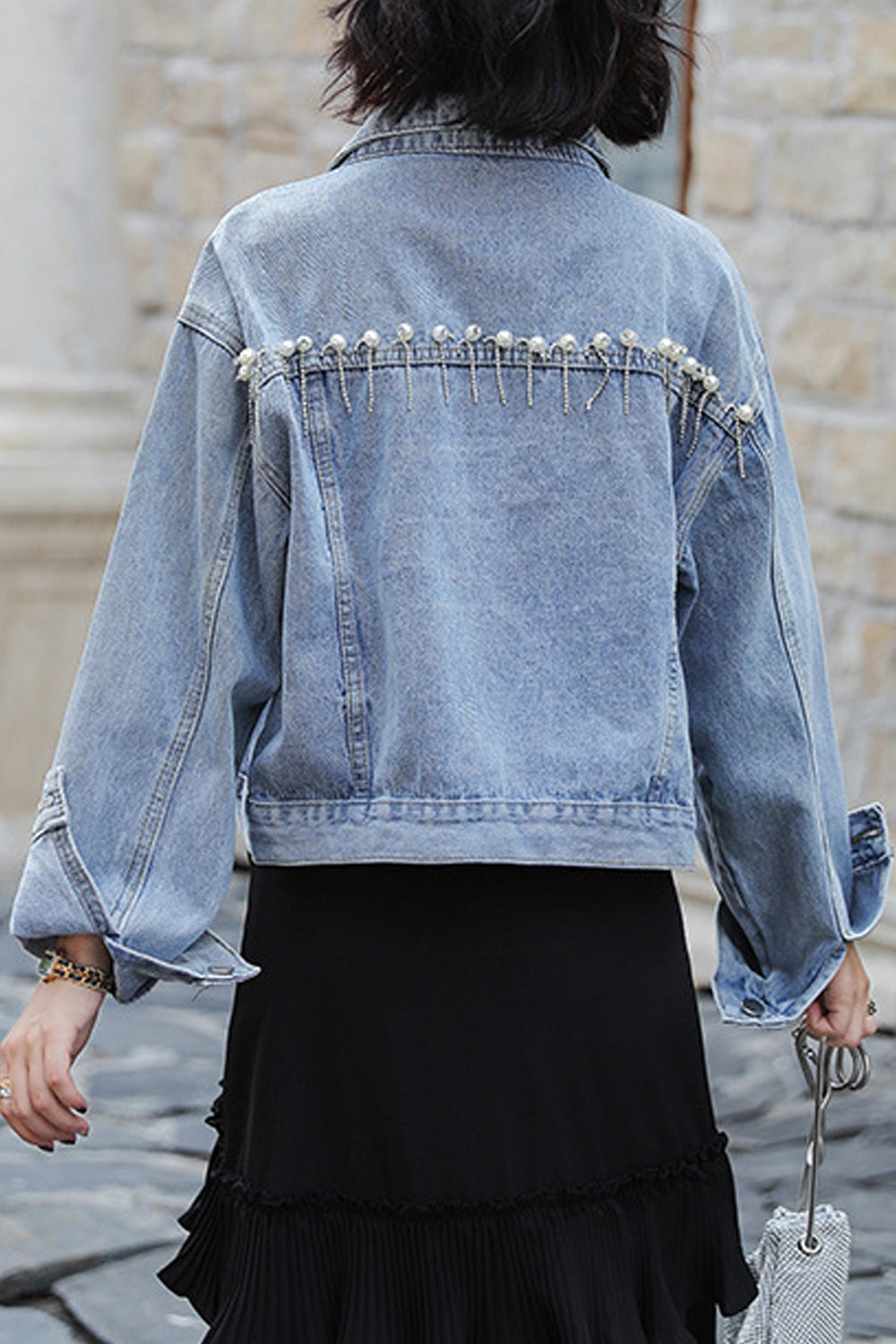 Women Elegant Loose Style Long Sleeve Trendy Collar Neck Pocket Styled Denim Jacket