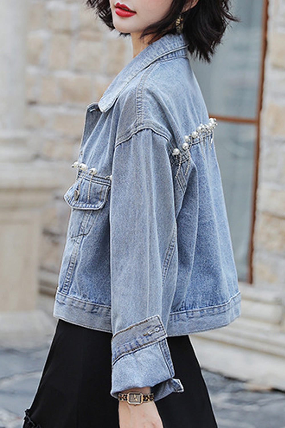 Women Elegant Loose Style Long Sleeve Trendy Collar Neck Pocket Styled Denim Jacket
