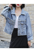 Women Elegant Loose Style Long Sleeve Trendy Collar Neck Pocket Styled Denim Jacket